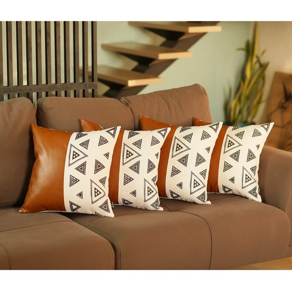 Barcelano Other - Set Of 4 Triangle and Brown Faux Leather Pillow Cover